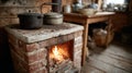 Cozy rustic kitchen with a woodstove and fire burning. Royalty Free Stock Photo