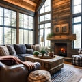 19 A cozy, rustic living room with a mix of wooden and plaid finishes, a classic fireplace mantle, and a mix of patterned and so