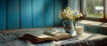 Cozy rustic still life with a book, daisies and glasses of milk, summer calm atmosphere of a country house