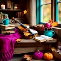 Charming rustic still life with pumpkins, old violin, colorful blanket and autumn leaves Royalty Free Stock Photo