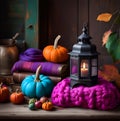 Charming rustic still life with pumpkins, blanket, cup of coffee and autumn leaves Royalty Free Stock Photo