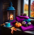 Charming rustic still life with pumpkins, old lantern, blanket, cup of coffee and autumn leaves Royalty Free Stock Photo
