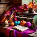 Charming rustic still life with violin, old piano, pumpkins, old books and autumn leaves