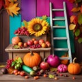 Picturesque scenery with pumpkins, sunflowers and autumn leaves Royalty Free Stock Photo