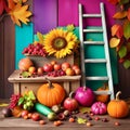 Picturesque scenery with pumpkins, sunflowers and autumn leaves Royalty Free Stock Photo