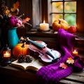 Charming rustic still life with old violin, pumpkins, candles, blanket and autumn leaves Royalty Free Stock Photo