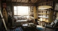 Surf Shack Interior: Surfboards, Sofa, Ocean View Royalty Free Stock Photo