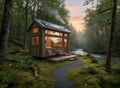 Cozy Rustic Tiny House Nestled Among Lush Green Forest Trees With Warm Interior Light Royalty Free Stock Photo