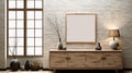 Bright Wall, Large window and Wooden Cabinet with Blank Frame, Generative AI