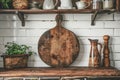 Cozy rustic vintage kitchen with empty wooden cutting board