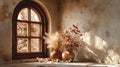 Cozy rustic window scene with dried flowers and decorative objects illuminated by warm sunlight Royalty Free Stock Photo