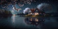 Cozy rustic wooden cabin in spring by the lake and night. Generative AI