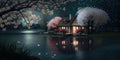 Cozy rustic wooden cabin in spring by the lake and night. Generative AI