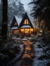 A cozy, rustic wooden cabin stands illuminated in the middle of a snow-covered winter forest