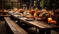 Cozy rustic wooden table set for an autumn feast with friends, decorated with pumpkins and fall foliage centerpieces