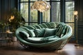 Cozy sage leaf colour living room, big windows, modern round couch with pillows Royalty Free Stock Photo