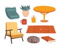 Cozy scandi interior set. Home iterior constuctor. Flat vector object illustration.