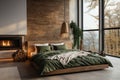 Cozy Scandinavian bedroom with fireplace and natural finishing materials