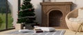 Cozy Scandinavian home living room with beautiful Christmas tree, wood fireplace, wicker armchair