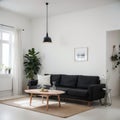 Cozy Scandinavian home living room with kitchen interior design with empty mockup space on white wall. couch, dining table, and ho Royalty Free Stock Photo