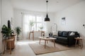 Cozy Scandinavian home living room with kitchen interior design with empty mockup space on white wall. couch, dining table, and ho Royalty Free Stock Photo