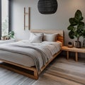 16 A cozy, Scandinavian-inspired bedroom with a mix of neutral and textured fabrics, a low wooden bed frame, and a statement pen
