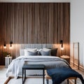 18 A cozy, Scandinavian-inspired bedroom with a mix of textured fabrics, a wooden bed frame, and a statement wall hanging3, Gene