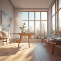 Cozy scandinavian living room interior with bench, table, armchair cushions with large windows in daylight. Copy space