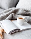 Cozy scene with a cup of tea, open book, and blanket on a soft sofa Royalty Free Stock Photo