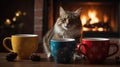 Cozy Winter Scene: Fluffy Cat with Hot Drinks by Fireplace Royalty Free Stock Photo