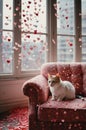 Adorable Cat Sitting on Pink Armchair with Heart Confetti Royalty Free Stock Photo