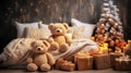 Teddy bears on a bed with presents and a Christmas tree. Generative AI Royalty Free Stock Photo