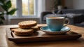 Morning Tea with Biscuits on Wooden Tray and a Light Blue Ceramic Cup in Cozy Living Room Royalty Free Stock Photo