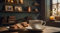 Cozy Morning Still Life with Coffee, Rusks, and Candlelight on Wooden Table Royalty Free Stock Photo