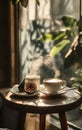 A cozy scene featuring steaming cups of coffee beside a fig, set against a nature-inspired backdrop Royalty Free Stock Photo