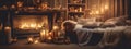 A cozy scene with flickering candles, warm blankets, and a crackling fireplace, creating a serene and inviting atmosphere for