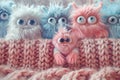 A cozy scene of fluffy monsters with big eyes on a pastel knit