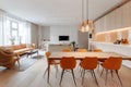 Cozy serene studio apartment with orange sofa. Scandinavian style interior design of modern living room. Created with generative Royalty Free Stock Photo