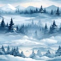 Cozy and serene winter wonderland seamless vector background with hand painted watercolor elements
