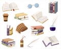 A cozy set of books, open books and books stacked in piles. Different attributes to read. Vector illustration