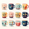 cozy set of watercolor cute ceramic cups, mugs with botanical pattern