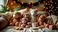 Cozy Christmas Living Room Scene With Plush Teddy Bears, Holiday Cookies, Warm Mug, and Festive Tree Lights Creating a Hygge Winte Royalty Free Stock Photo