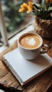 Warm cup of coffee on a burlap cloth near scattered coffee beans and a notebook