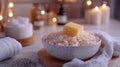 Cozy Interior with Bath Salts and Sponge in Decorative Dish Royalty Free Stock Photo