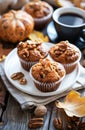 Freshly Baked Walnut Muffins Served With a Cup of Cappuccino on a Rustic Wooden Table