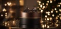 A cozy setting with festive decorations and soft lighting surrounds this elegant gift box on a table Royalty Free Stock Photo