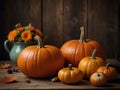 Thanksgiving day autumnal still life with pumpkins on old wooden