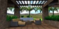 Cozy setting on a shady patio. Comfortable sofas and table. There are many living plants around. Terrace board flooring. 3d