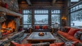 Cozy ski lodge living room with a stone fireplace and comfortable seating Royalty Free Stock Photo
