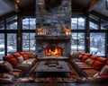 Cozy ski lodge living room with a stone fireplace and comfortable seating Royalty Free Stock Photo